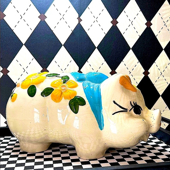 Vintage Other - Oversized Chunky Piggy Ceramic Bank 14” Floral & Bow Decor – Whimsy Vintage